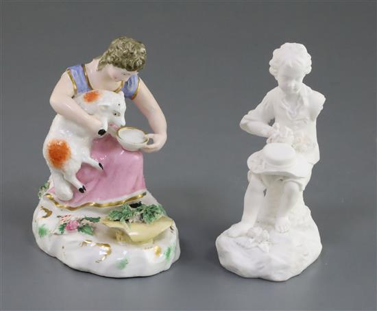 Two Rockingham porcelain figures of a girl seated with a lamb and a boy seated on a basket, c.1830, h.10.5cm, losses
